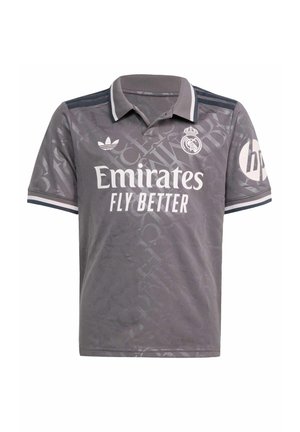 Polo gris avec un col côtelé, arborant le texte blanc "Emirates Fly Better", le logo de l'équipe et une texture à motifs subtils.