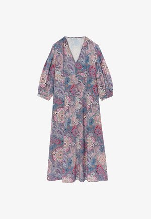 Rochie lungă, cu un model în nuanțe de albastru, roz și crem, având un decolteu în V și mâneci bufante până la trei sferturi. Prezintă un design paisley pe toată suprafața.