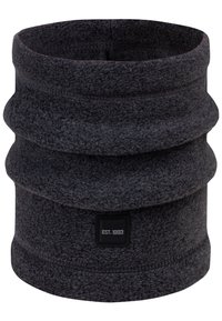 Schwarzer Fleece-Nackenwärmer mit strukturiertem, geripptem Design. Merkmale ein quadratisches Etikett mit "EST. 1993" in Weiß, gestickte Kanten und eine zylindrische Form.