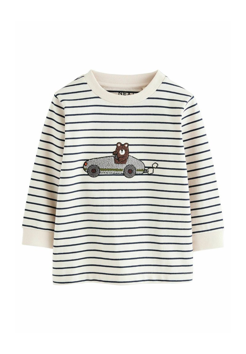 Tricou cu mânecă lungă, cu dungi în crem și bleumarin, având un design cu un urs brodat în mașină. Material moale din bumbac, cu guler și manșete ribbate.