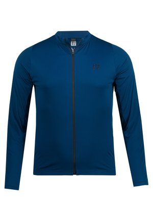 Langarm-Cycling-Jacke in Dunkelblau mit durchgehendem Reißverschluss, strukturiertem Stoff und einem dezenten Logo auf der linken Brust.