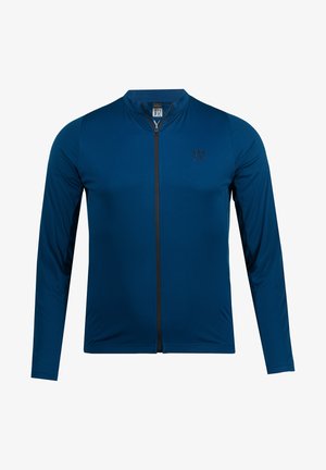 Langarm-Cycling-Jacke in Dunkelblau mit durchgehendem Reißverschluss, strukturiertem Stoff und einem dezenten Logo auf der linken Brust.