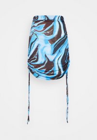 Saia mini franzida em azul, preto e padrão abstrato em tons de castanho. Cordões ajustáveis nas laterais, feita de um tecido leve e elástico.