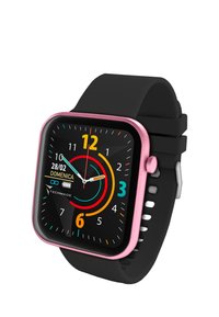 Smartwatch con cinturino in silicone nero, quadrante quadrato, cornice in metallo rosa, quadrante colorato e display digitale che mostra ora e data.