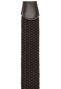 Cintura in tessuto intrecciato di colore marrone scuro con punta in pelle liscia. Presenta un tessuto textured e una larghezza costante su tutta la lunghezza.