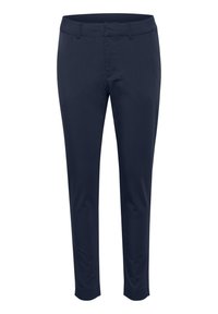 Marinblå byxor tillverkade av slät textil, med en smal passform, flat front, bälteshällor och avsmalnande anklar. Inga synliga mönster eller detaljer.
