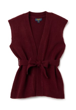 Burgunderfarbener gestrickter ärmelloser Cardigan mit einem Bindegürtel. Verfügt über einen V-Ausschnitt und gerippte Abschlüsse. Hergestellt aus weichem, strukturiertem Stoff.