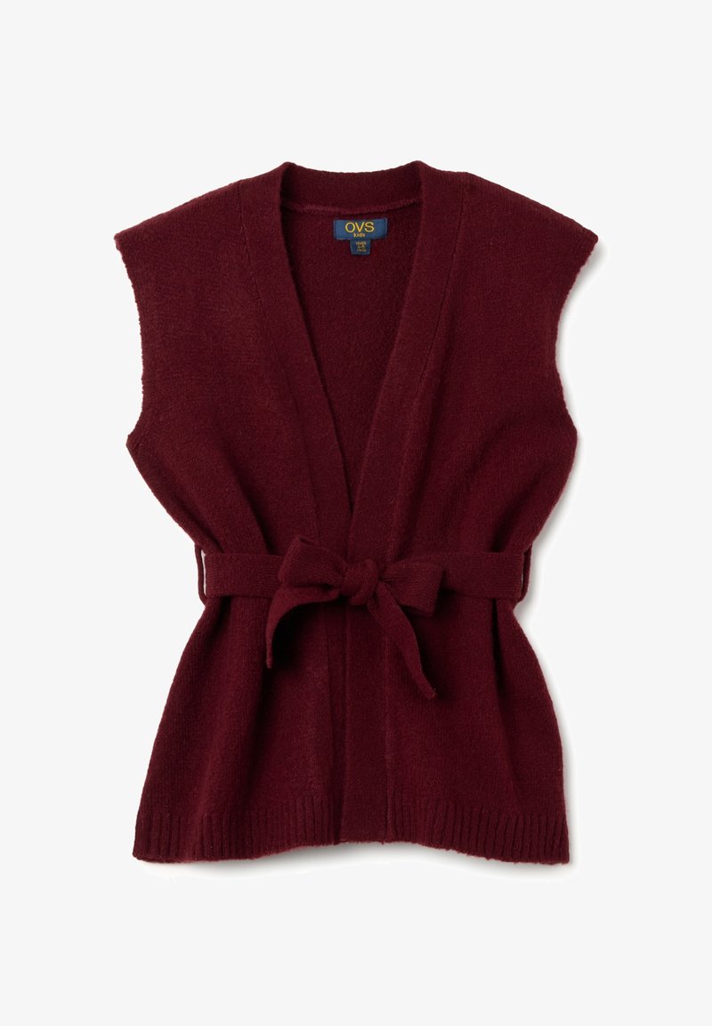 Burgunderfarbener gestrickter ärmelloser Cardigan mit einem Bindegürtel. Verfügt über einen V-Ausschnitt und gerippte Abschlüsse. Hergestellt aus weichem, strukturiertem Stoff.