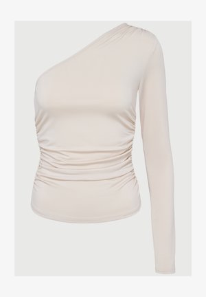 Asymmetrical long-sleeve top in beige, made of smooth fabric, featuring side ruching and a single shoulder design.