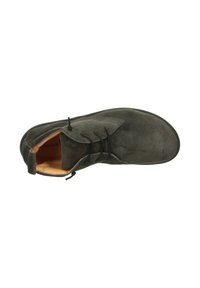 Graue Wildleder-Ankle-Boots mit abgerundeter Spitze, ausgestattet mit Schnürsenkeln und einem weichen Innenbereich. Glatte Textur und minimalistisches Design. Schwarze Gummisohle.