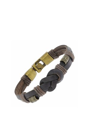 Dark brown leather braided bracelet with beige cord wraps and a brass clasp and decorative beads.