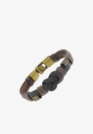 Dunkelbraunes, geflochtenes Lederarmband mit beigen Kordelwicklungen, Messingverschluss und dekorativen Perlen.