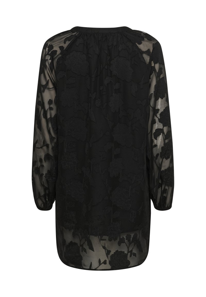Schwarze, durchsichtige Bluse mit floralen Stickereien, langen Ärmeln und einem gerafften Ausschnitt. Verfügt über einen leicht abgerundeten Saum und eine strukturierten Oberfläche.