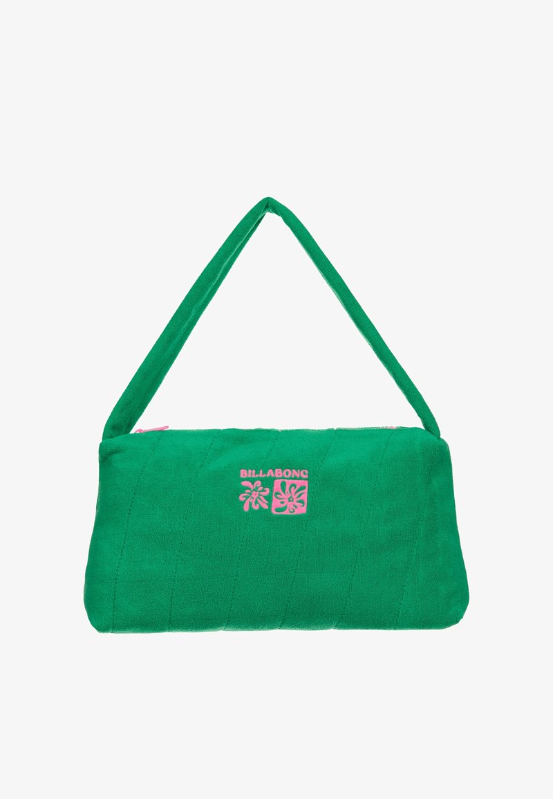 Groene gewatteerde handtas met een enkele riem, roze "Billabong"-logo en bloemmotieven aan de voorkant.