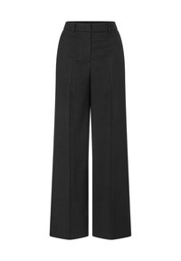 Wijd uitlopende broek in zwarte stof met een subtiel verticaal patroon, uitgevoerd in een rechte snit met plooien en een gladde textuur.