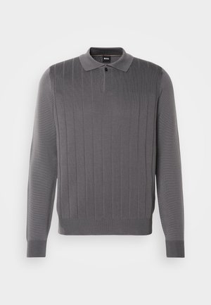 Gray long-sleeve polo sweater with a ribbed texture, featuring a collar and two-button placket, and a fitted design for a streamlined look.