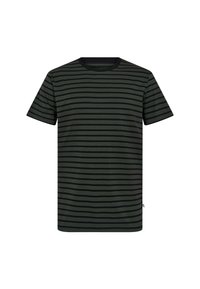 Kortærmet mørkegrøn bomulds t-shirt med sorte vandrette striber; har en rund halsudskæring og blød tekstur.