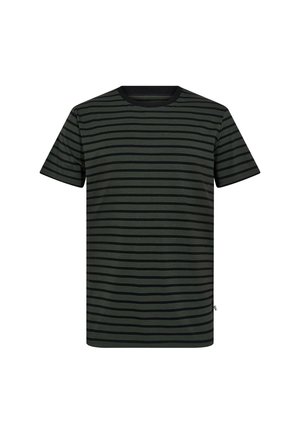 Dunkelgrünes Baumwoll-T-Shirt mit kurzen Ärmeln und schwarzen horizontalen Streifen; verfügt über einen Rundhalsausschnitt und eine weiche Textur.