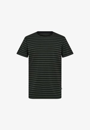 Short-sleeve dark green cotton t-shirt with black horizontal stripes; features a crew neckline and soft texture.