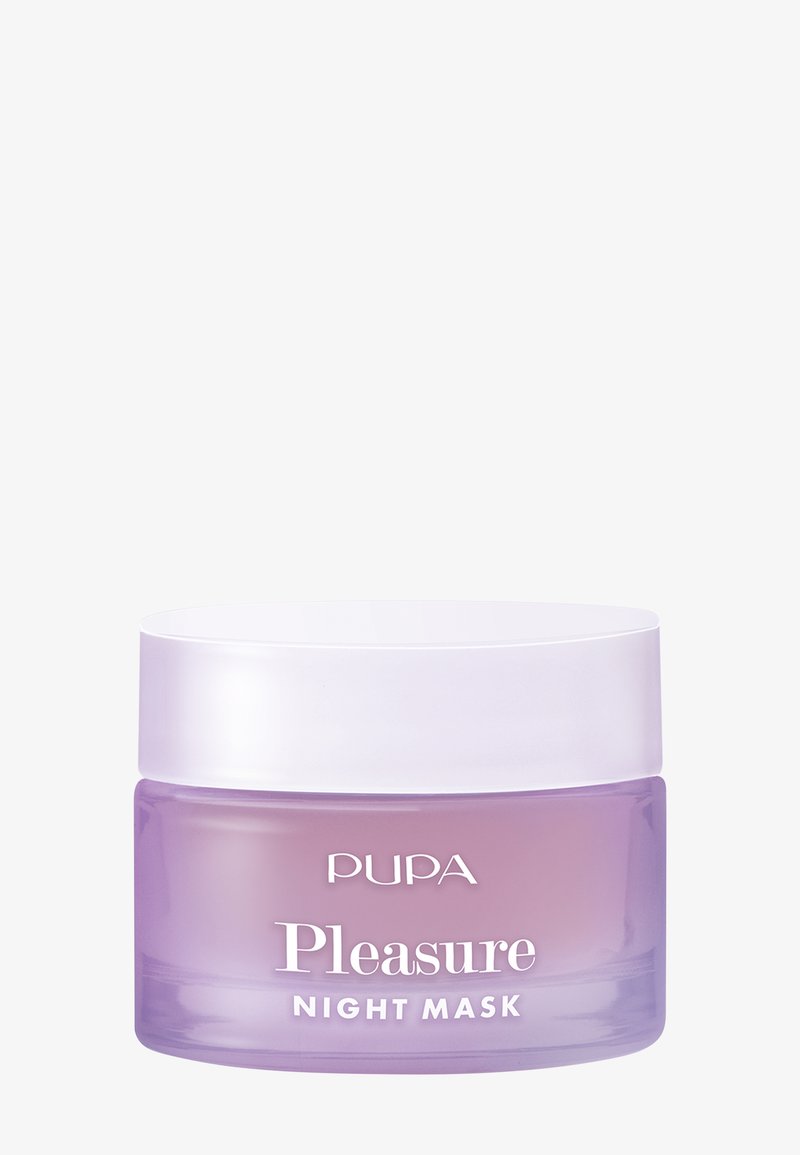 Mascarilla Nocturna PUPA Pleasure en un frasco transparente color púrpura con tapa lisa y redondeada; etiqueta frontal con texto en blanco.