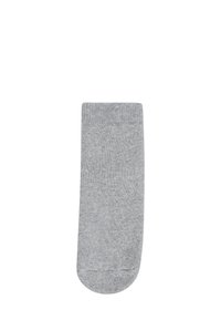Gray ankle sock made of soft, textured fabric. Features a ribbed cuff and seamless toe for comfort. Simple design, no visible patterns.