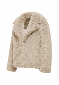 Beige nepbontjas met brede reverskraag en lange mouwen, zachte textuur en een gladde voering.