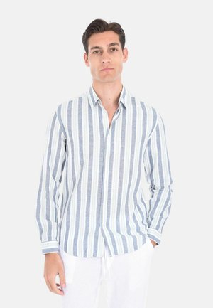 Camicia a righe in azzurro chiaro e bianco, con colletto button-down, maniche lunghe e una vestibilità comoda. Realizzata in tessuto leggero.