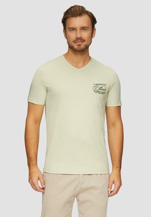 Light green short-sleeve t-shirt with a v-neck, featuring a dark green logo print on the chest, made from a soft, breathable fabric.