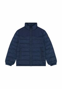 Marineblå pufferjakke med høj krave, frontlynlås og to sidelommer. Kviltet design med en glat overflade.