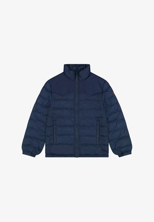 Marineblauwe pufferjack met hoge kraag, voorkant met rits en twee zijzakken. Gequilt ontwerp met een gladde textuur.