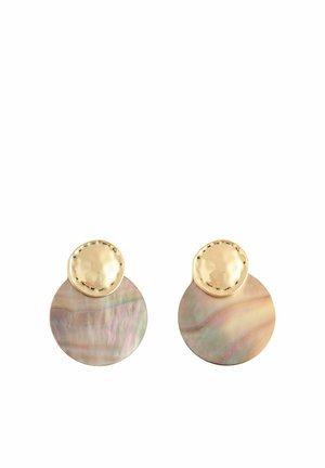 Gold-tone metal earrings featuring round, iridescent shell discs, reflecting hues of pink, green, and purple, with a smooth texture and polished finish.