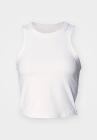 Biała, bezrękawnikowa bluzka o kroju crop top wykonana z gładkiego, elastycznego materiału. Posiada okrągły dekolt i dopasowany krój zapewniający komfort.