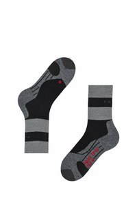 Calze a righe grigie e nere realizzate in un misto di materiali, con punte e talloni rinforzati, e dettagli in rosso e logo.