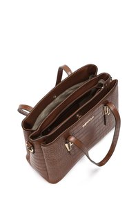 Borsa a spalla in ecopelle marrone impresso coccodrillo con doppie maniglie, interna foderata e scomparti multipli, rifiniture in metallo dorato.