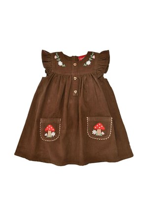 Braunes Cordkleid für Kleinkinder mit gerafften Ärmeln, herzförmigen Knöpfen, Blumenstickerei auf der Brust und Pilz-Applikationen auf den vorderen Taschen.