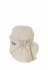 Beige Bucket Hat aus leichtem Stoff, mit gerafftem Rücken, breiter Krempe und einem Logotag an der Seite.