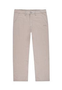 Beżowe bawełniane spodnie z zapięciem na zamek, przednimi kieszeniami i subtelnym logo po lewej stronie. Prosty krój nogawki z wykończeniami w postaci szwów.