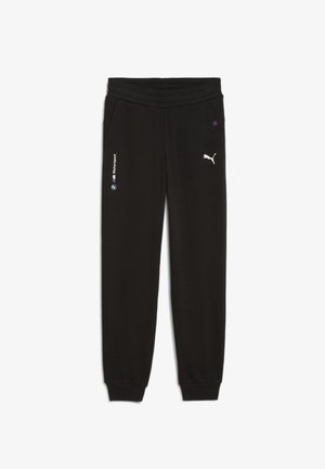 Pantalon de survêtement noir avec logos BMW M Motorsport et Puma, taille élastique, poches latérales et chevilles resserrées sur fond blanc.