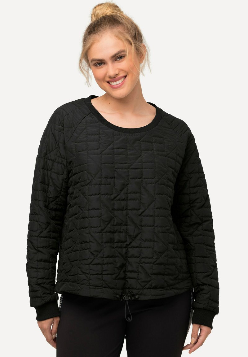 Sudadera negra acolchada con cuello redondo, patrón de diamante texturizado, puños acanalados y cordón ajustable en el dobladillo.