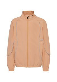 Lyse ferskenfarvet zip-jakke fremstillet af tekstureret stof, med en høj krave, elastiske manchetter, kontrasterende syninger og diskrete logo-detaljer.
