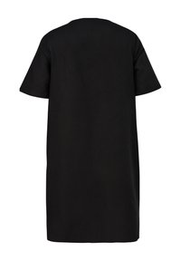 Schwarzes, übergroßes T-Shirt-Kleid mit kurzen Ärmeln, Rundhalsausschnitt und glatter Textur. Verfügt über einen geraden Schnitt und seitliche Schlitze.