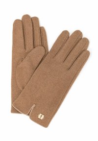Brązowe wełniane rękawiczki o teksturowanym wykończeniu, z czteropalczastym krojem i bocznym zamkiem błyskawicznym z małym metalowym akcentem.