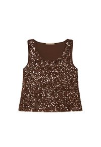 Top marrone senza maniche ricoperto di paillettes color bronzo, con scollo a girocollo e vestibilità morbida. Il materiale ha una texture liscia con accenti scintillanti.