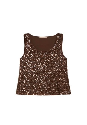 Top marrone senza maniche ricoperto di paillettes color bronzo, con scollo a girocollo e vestibilità morbida. Il materiale ha una texture liscia con accenti scintillanti.