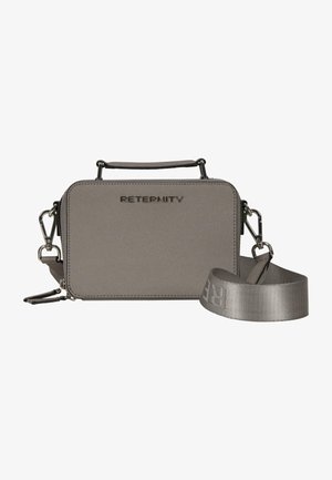 Grey rectangular handbag with a textured material, featuring a top handle, a detachable strap, and embossed logo "RETERNIITY" on the front.