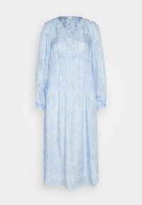 Vestido largo de color azul claro, con mangas largas y un patrón floral texturizado, cintura elástica y un escote en V con cierre de botón en la parte posterior.