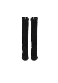 Black suede over-the-knee boots with a smooth texture, pointed toe, and side zipper detailing. Stiletto heels add a sleek silhouette.