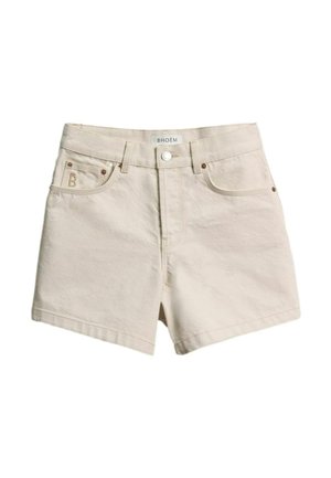 Bézs színű farmer rövidnadrág elöl gombos és cipzáras, derékszíjhurkokkal, két elülső zsebbel, valamint a derékrészen "BHOËM" márkajelzésű folttal.