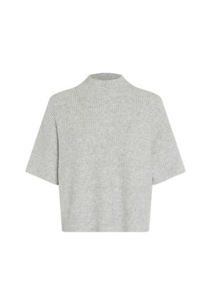 Grauer, kurzer Strickoberteil mit hohem Kragen, das über eine gerippte Textur und eine verkürzte Silhouette verfügt. Keine sichtbaren Verschlüsse oder Verzierungen.