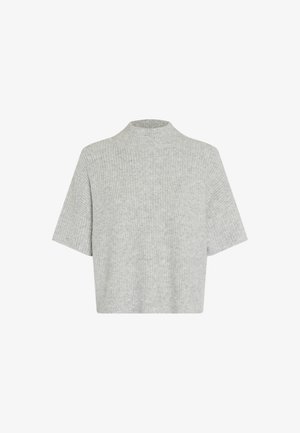 Gray, short-sleeve knit top with a high neckline, featuring a ribbed texture and a cropped silhouette. No visible fastenings or embellishments.